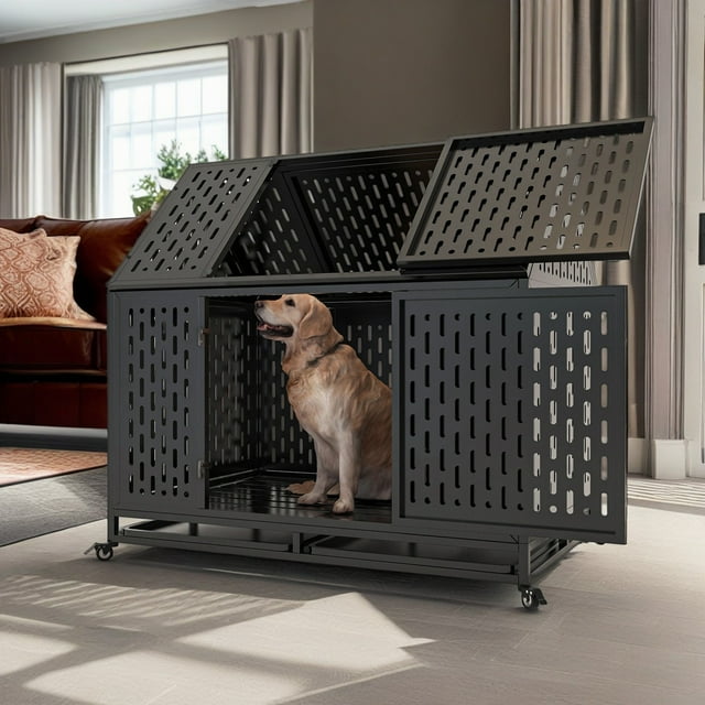 Pefilos 45" Heavy Duty Metal Dog Crate with 4 Universal Wheels, Dog Kennel for High Anxiety Large/Extra Dogs, Indoor Large Dog Cage, Black