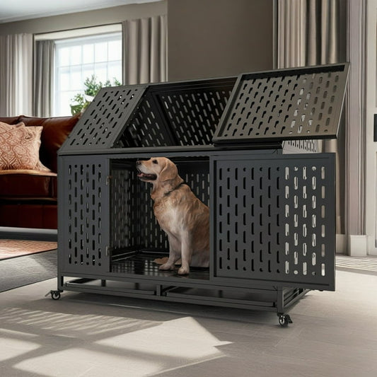 Pefilos 45" Heavy Duty Metal Dog Crate with 4 Universal Wheels, Dog Kennel for High Anxiety Large/Extra Dogs, Indoor Large Dog Cage, Black
