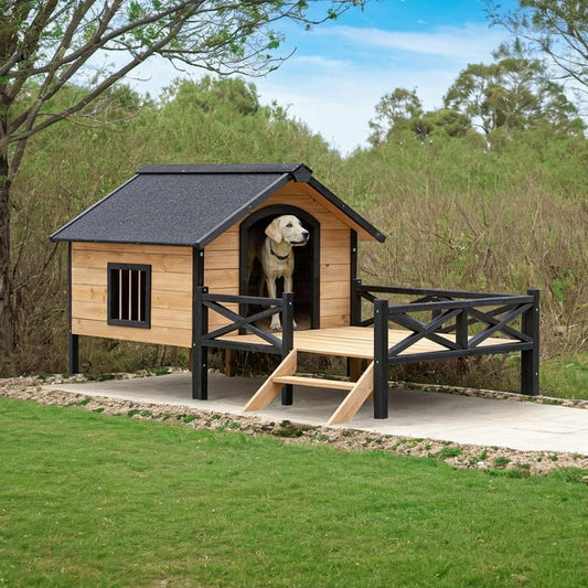 Pefilos 66" Outdoor Dog House, Large Wooden Dog Kennel with Porch, Cabin House Style Pet Houses for Cats, Brown