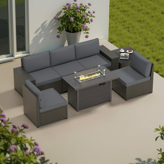 Phonjoro 7 Pieces Outdoor Patio Furniture Set with 42” Fire Pit Table, Rattan Patio Sectional Sofa Conversation Set w/ 50000 BTU Propane Fire Pit and Coffee Table for Garden, Backyard