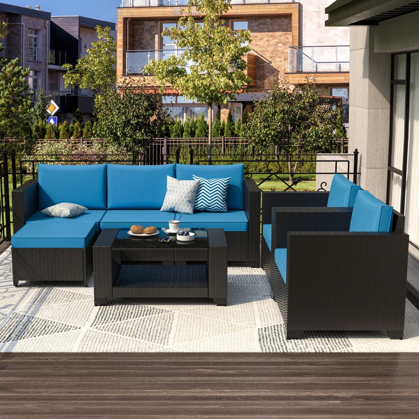 Phonjoroo Outdoor Patio Furniture Sets 7 Pieces All-Weather Wicker Sectional Conversation Set Rattan Patio Seating Sofa with Cushion for Backyard, Poolside, Balcony & Front Porch
