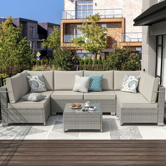 Phonjoroo Patio Furniture Set 7 Pieces Modular Outdoor Sectional Wicker Conversation Sets Patio Couch All Weather Sectional Seating Sofas with Cushion and Glass Table for Backyard, Garden