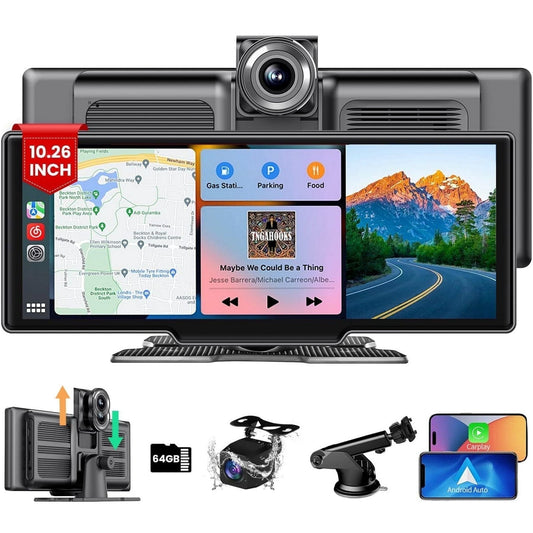 Portable Car Stereo Wireless Apple CarPlay, 10.26" FHD Car Touch Sereen Radio, Android Auto, 2.5K Dash Cam Loop Recording, Backup Camera, Bluetooth, Mirror Link, Car Audio Receivers Drivemate