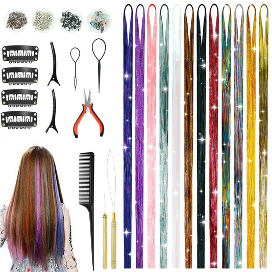 Qissep 12 Colors 48 inch Glitter Hair Tinsel Kit,Tinsel Hair Extensions with Tools,for Women Hair Accessories 