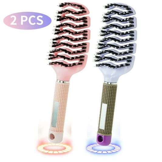 Qissep 2Pcs Boar Bristle Hair Brush,for All Hair Types,for Women,Pink and Purple