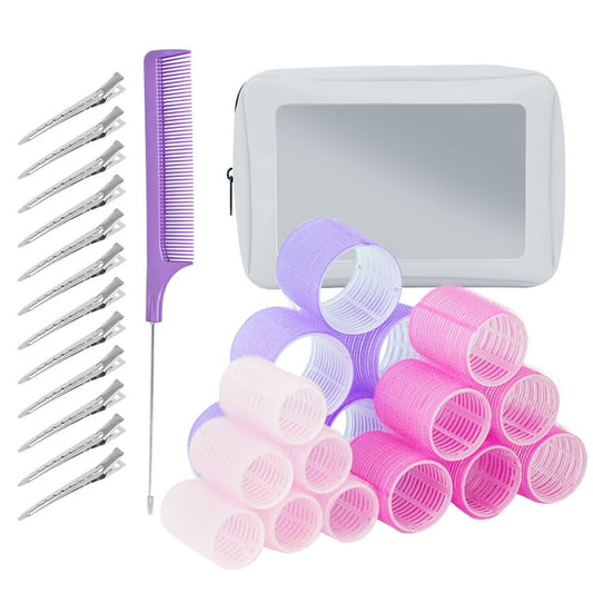 Qissep 31 Pcs Hair Rollers Set,with Three Sizes of Curlers,12 Pcs Hair Clips,1 Pcs Steel Needle Comb,with Light Purple Storage Bag