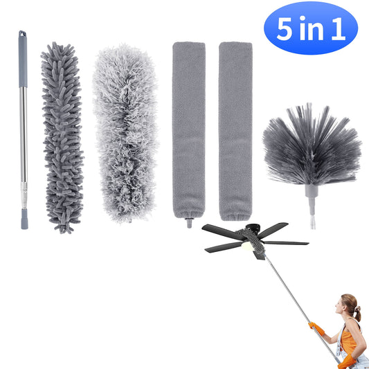 Qissep 5 in 1 Microfiber Duster,with Stainless Steel 100 inches Extension Pole,Reusable Bendable Dusters, Washable Feather Dusters for Cleaning,Ceiling Fan,Ceiling,Blinds,Furniture,Cars