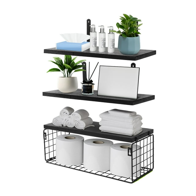 Qissep 16 inch Wood Floating Shelves for Wall,for Bedroom,Bathroom,Living Room,Kitchen Storage Decor,Black, Set of 3
