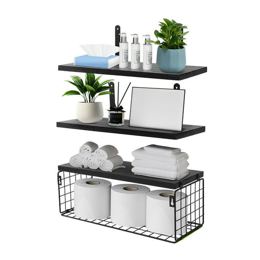 Qissep 16 inch Wood Floating Shelves for Wall,for Bedroom,Bathroom,Living Room,Kitchen Storage Decor,Black, Set of 3