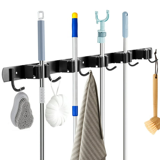 Qissep Mop and Broom Holder Wall Mount,Stainless Steel Broom Organizer Storage Tool Racks,5 Racks and 6 Hooks,for Kitchen Garden,Garage,Black