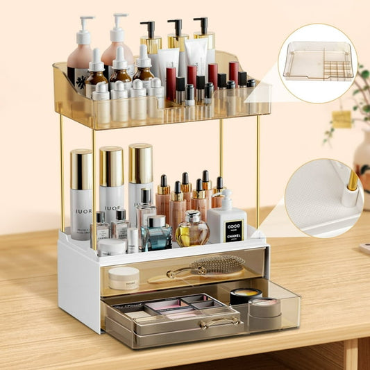 Qissep Multi-Purpose 2-Tier 2-Drawer Bathroom Organizer Countertop,Large Capacity Desktop Makeup Organizer and Storage,Amber Color