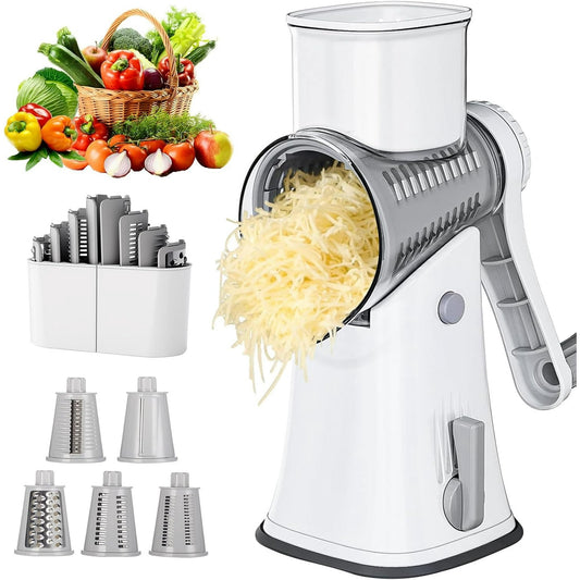 Qissep Rotary Cheese Grater,Strong Suction Base,Grater Vegetable Slicer with 5 Interchangeable Blades,Kitchen Gadgets