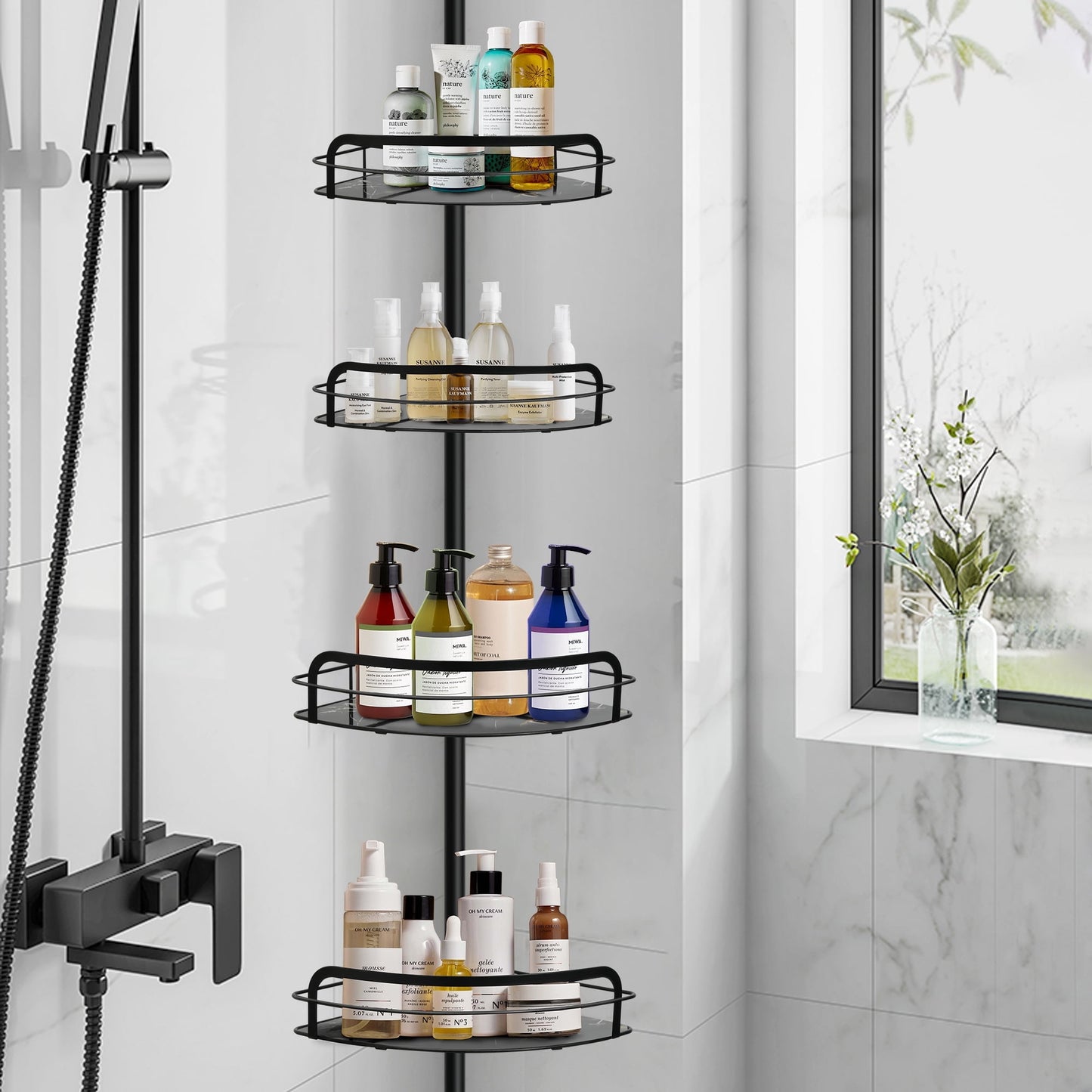 Qissep Rust-Resistant Shower Caddy Corner Organizer for Bathroom,4 Pcs Baskets with Baseplate,with Tension Pole Extend from 31.49 to 111.42 inch,Black