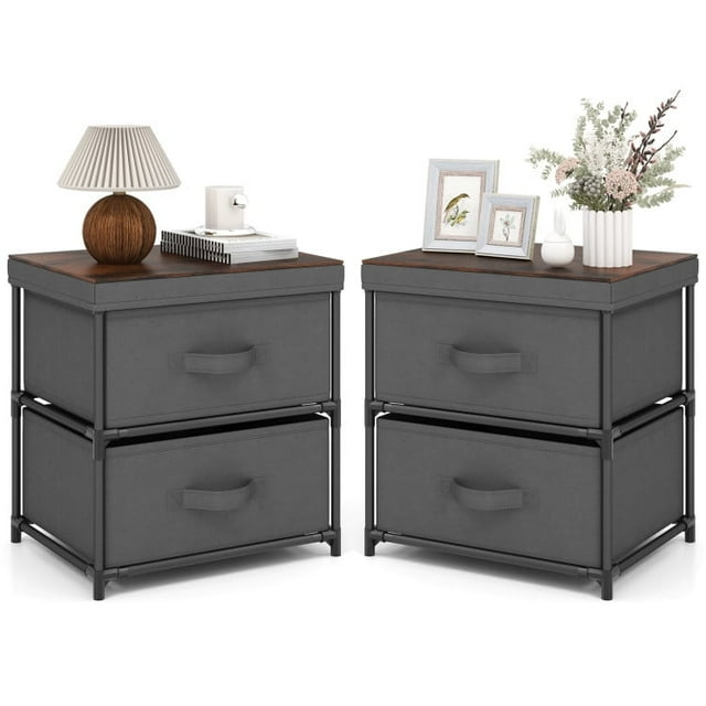 Resenkos 2 Drawer Grey Nightstand Set of 2 for Bedroom Modern Bedside Table, Wood Finish Accent Table
