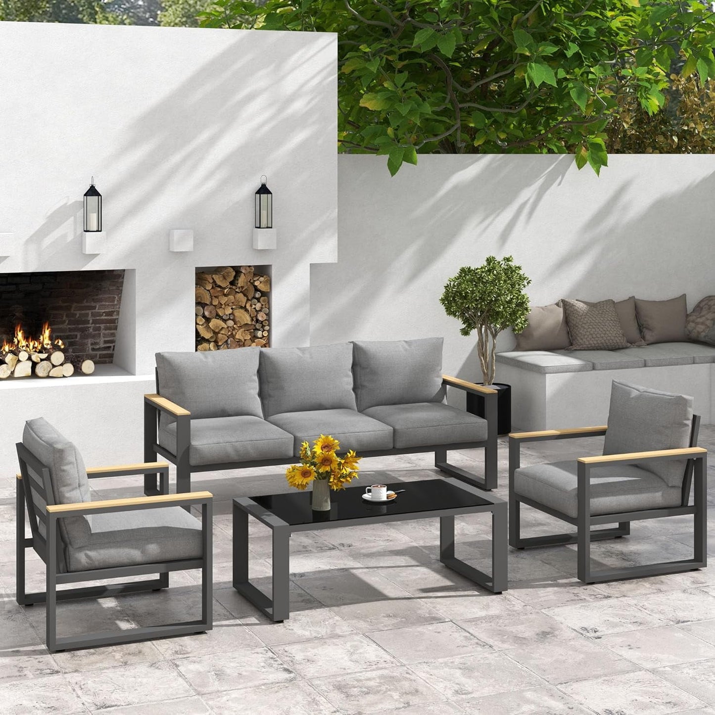 RoyalCraft Aluminum Patio Furniture Set, 4 Piece Outdoor Conversation Set with Coffee Table, Metal Outdoor Patio Furniture Set for Porch Backyard Garden, Grey