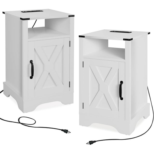 RoyalCraft White Nightstand Set of 2, Farmhouse Bedside Table with Charging Station, Wooden Rustic End Table with Large Storage Cabinets Room and Shelf for Bedroom, Living Room, Solid White