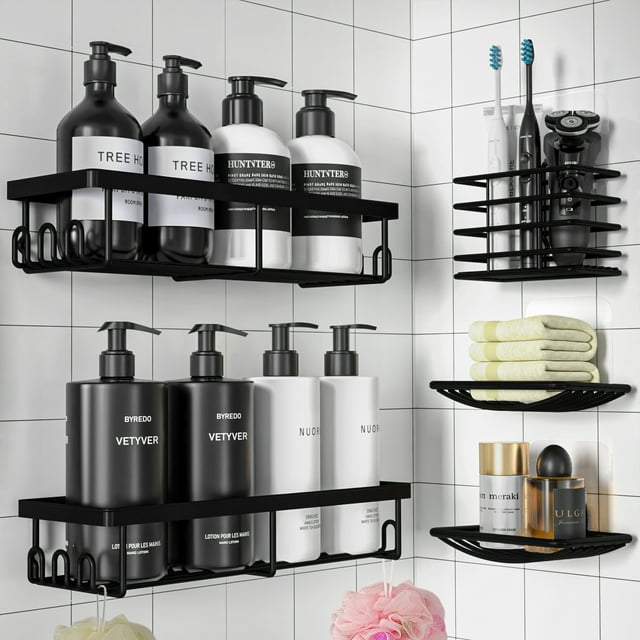 Sakugi Corner Shower Caddy - Adhesive Shower Organizers, Rustproof Stainless Steel Shower Shelves with 8 Hooks