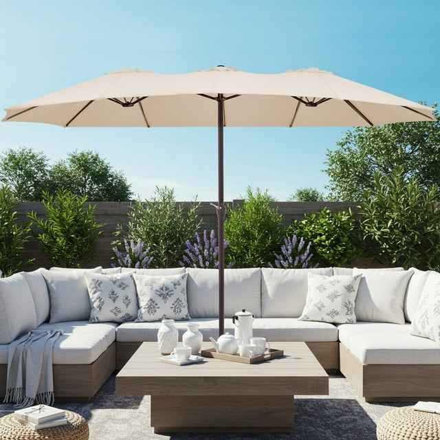 JUSTLET 15ft Rectangular Outdoor Patio Umbrella Double-Sided Twin Large Patio Umbrella with Crank,Beige