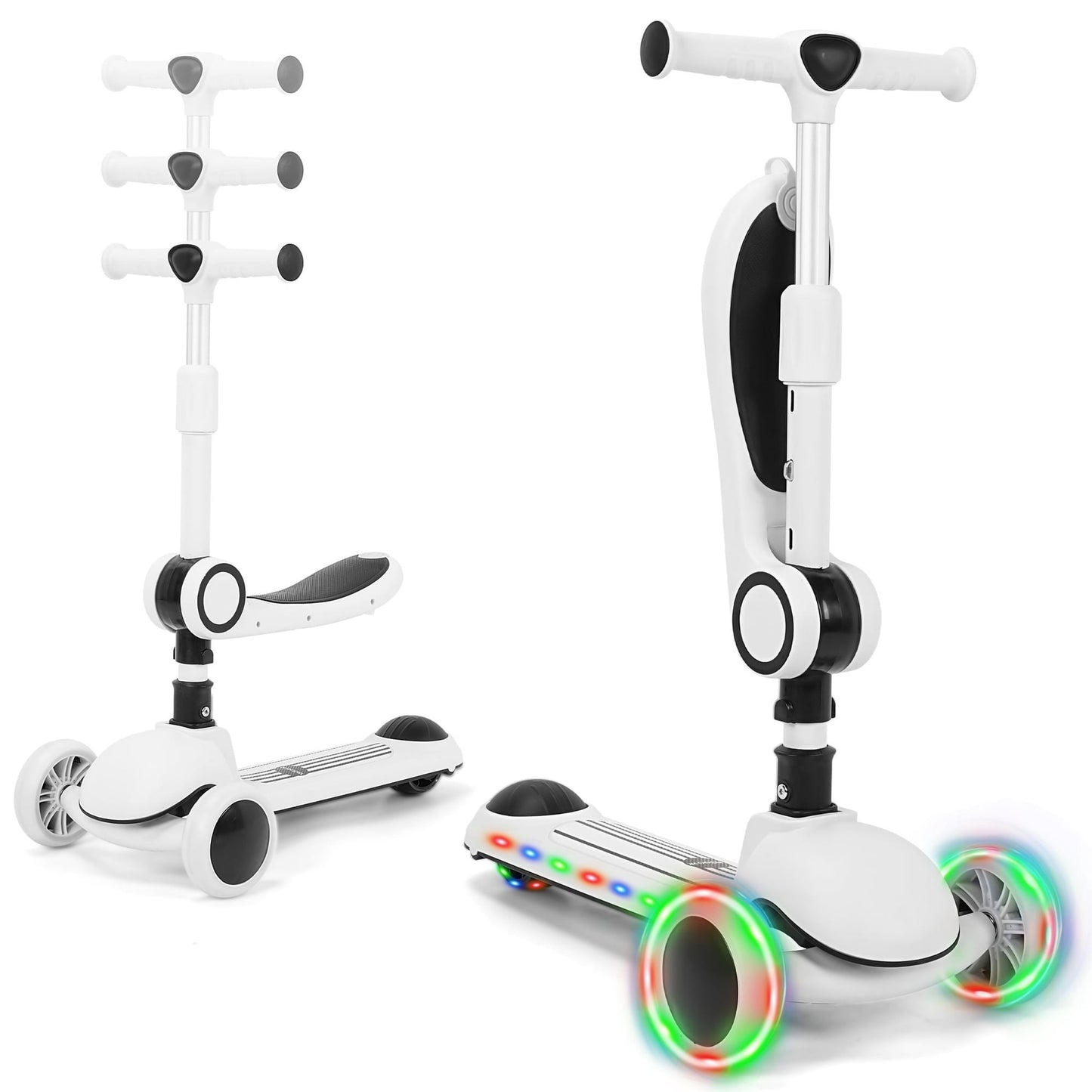Skyhot Kids Scooter with LED Lighted Wheels, 3 Adjustable Height Handlebars and Foldable Seat - Sit or Stand Ride, Lean-to-Steer & Widen Anti-Slip Deck, Scooters for Kids 3-12, Black