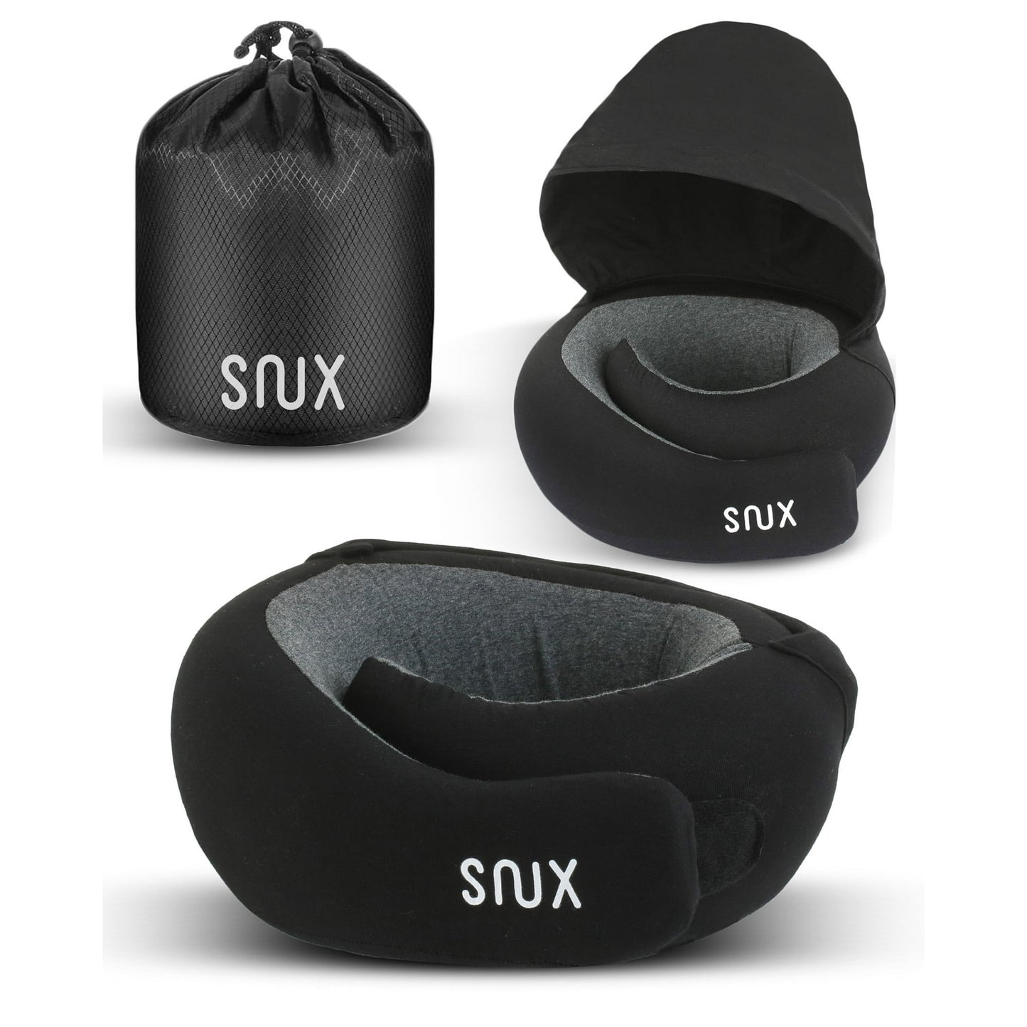 Snux Travel Neck Pillow with Hood - 360 Neck Support - Memory Foam - Hooded Travel Pillow (Black)