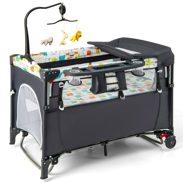 Topcobe 5-in-1 Baby Nursery Center Foldable Toddler Bedside Crib with Music Box, Playpen for Babies and Toddlers-Gray