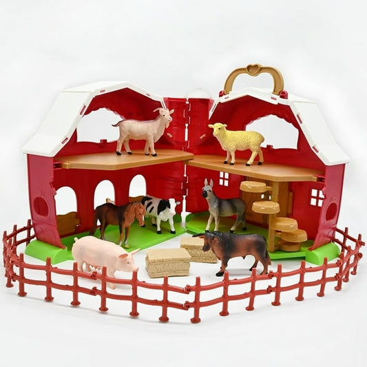 QIAHO Big Red Barn Farm Animals Playset for Toddlers with Animal Figurines and Tractor Toy Montessori Learning Toys for Kids with 2 Stickers