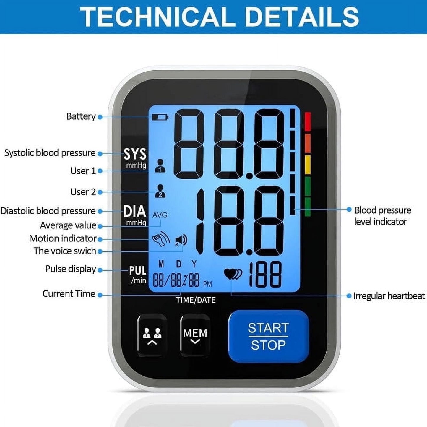 Upper Arm Blood Pressure Monitor, Automatic Digital BP Machine Blood Pressure Cuffs with Speaker, FSA Eligible, Large Cuff, 2 Users, 240 Recordings for Home