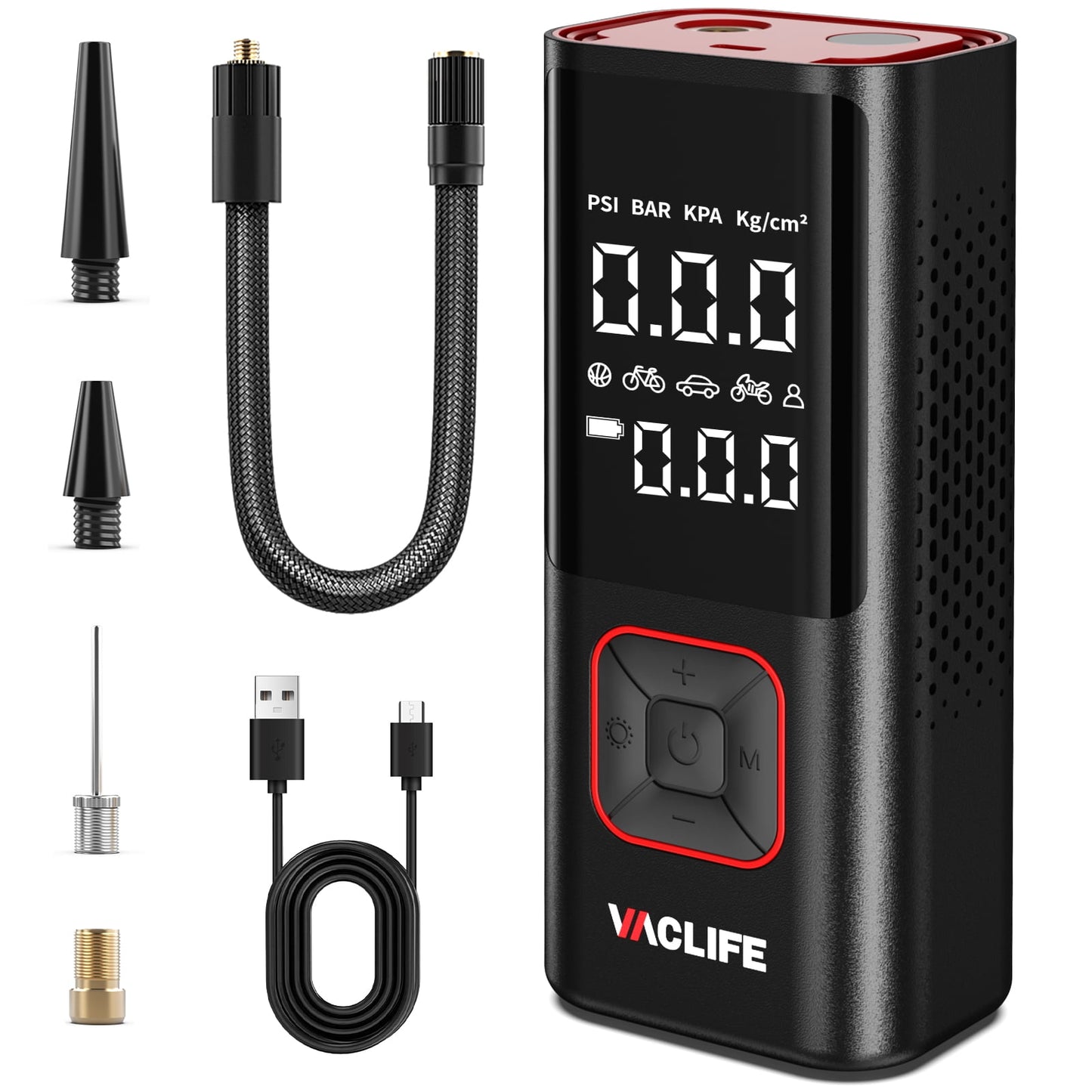 VacLife Tire Inflator Portable Air Compressor, Red 7008RE-2J