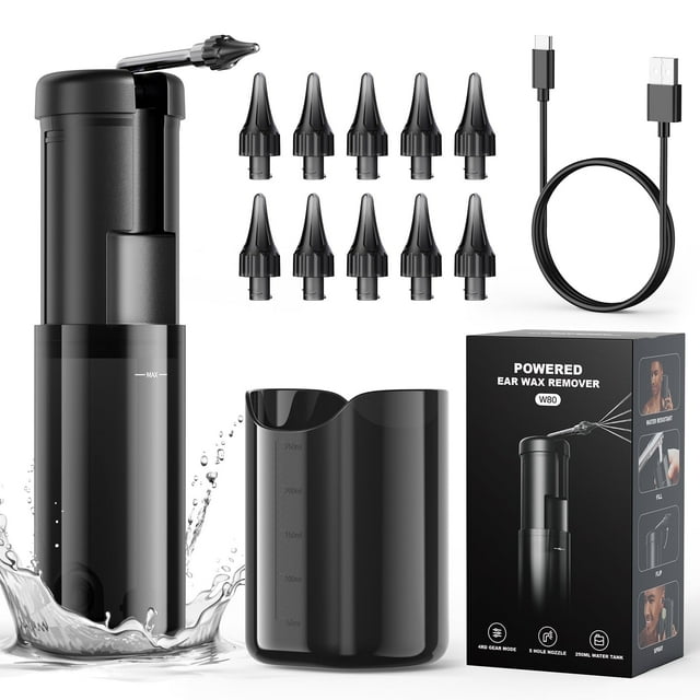Motorized Ear Wax Removal Cleaner, Ear Cleaning Kit with 10 Reusable Replacement Tips, 5 Modes & USB-C Cable, Black, Ear Cleaning Kit for Ear Wax Rinsing and Cleaning