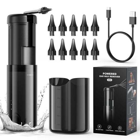 Motorized Ear Wax Removal Cleaner, Ear Cleaning Kit with 10 Reusable Replacement Tips, 5 Modes & USB-C Cable, Black, Ear Cleaning Kit for Ear Wax Rinsing and Cleaning