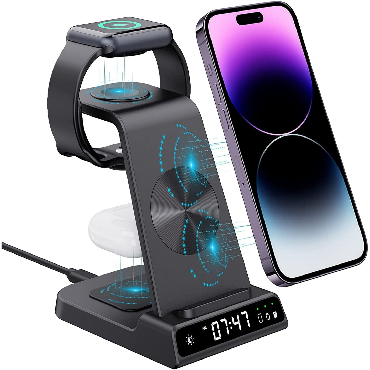 ZAP Wireless Charger Compatible with iPhone & Samsung Charger, 3 in 1 Fast Charging Station for Multiple Devices with Digital Clock Charging Dock Stand Compatible for iPhone & iWatch AirPods, Black