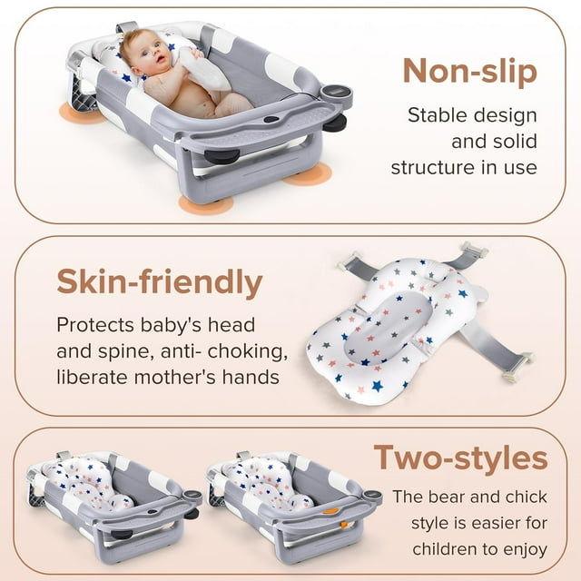 Collapsible Baby Bathtubs for Newborns to Toddler, Infants Anti Slip Foldable Bath Tub with Thermometer & Cushion