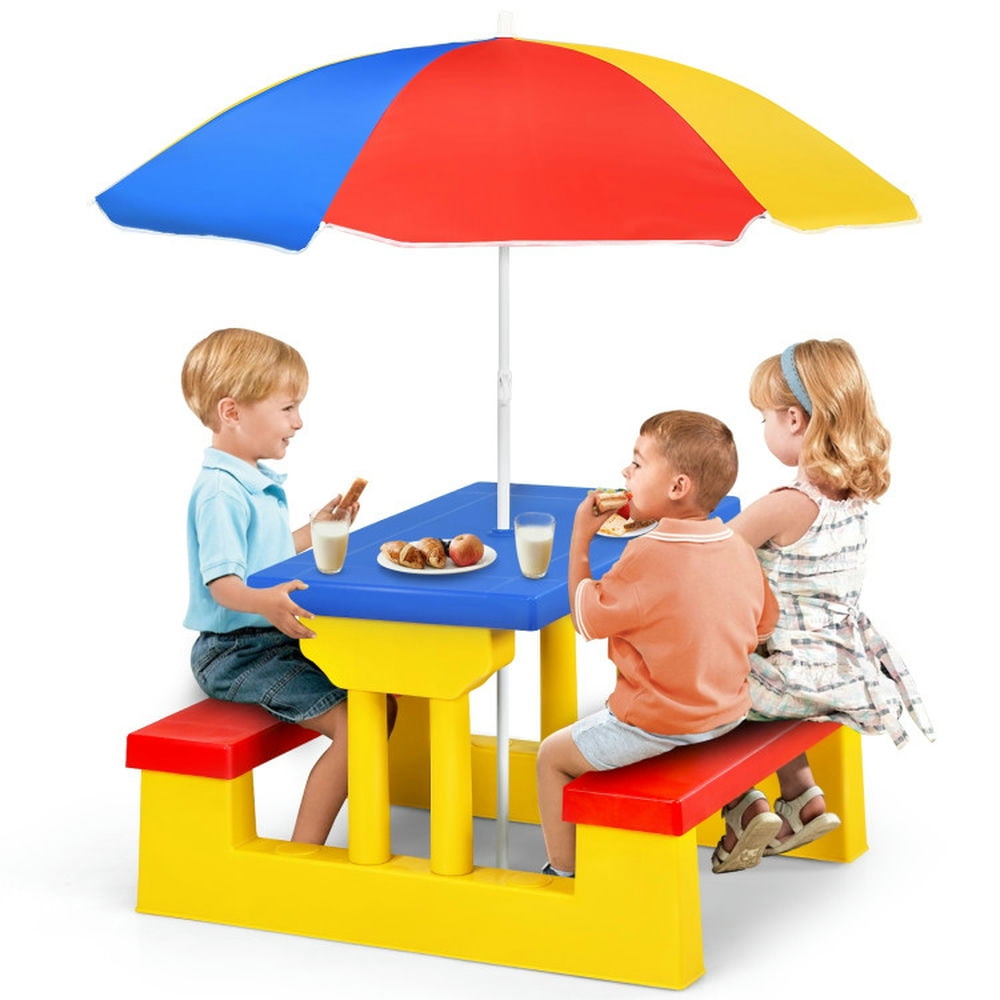Resenkos Kids Picnic Folding Table and Bench with Umbrella-Yellow, Small Folding Table for Arts & Crafts, Snack Time, Homeschooling, Homework