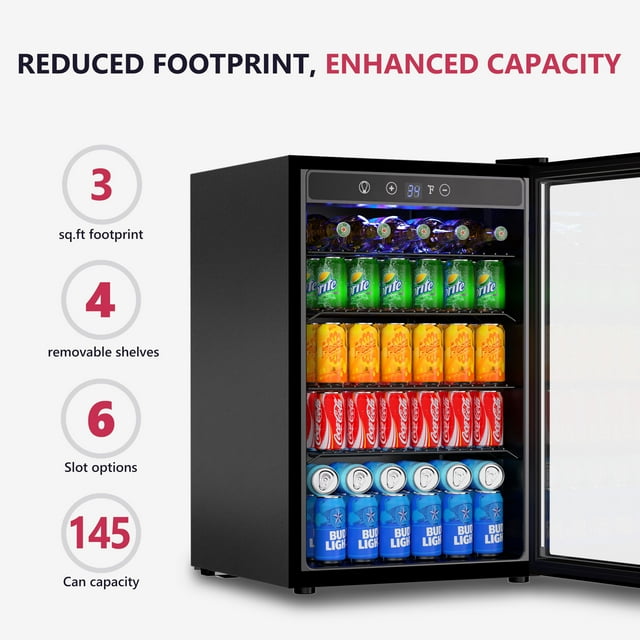 Simzlife Mini Fridge 160 Can Beverage Refrigerator Cooler, 4.5 Cu.Ft Drink Fridge for Soda Wine Beer, Adjustable Temperature Control for Home Office, Black