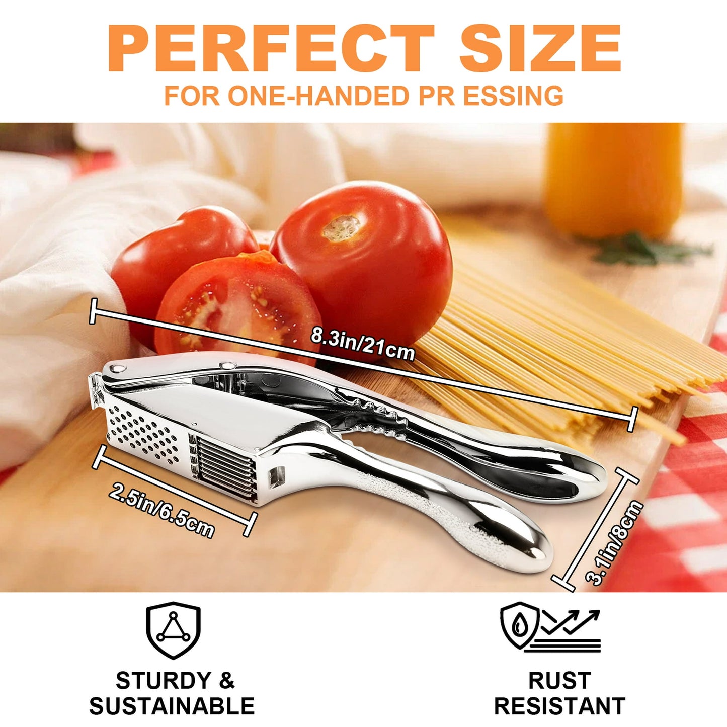 Garlic press, BUSATIA 2 in 1 Garlic Press Stainless Steel, Dual-Function Garlic Mincer Garlic Chopper Easy to Squeeze and Clean, Rust Proof & Dishwasher Safe, Ginger Crusher-Silver