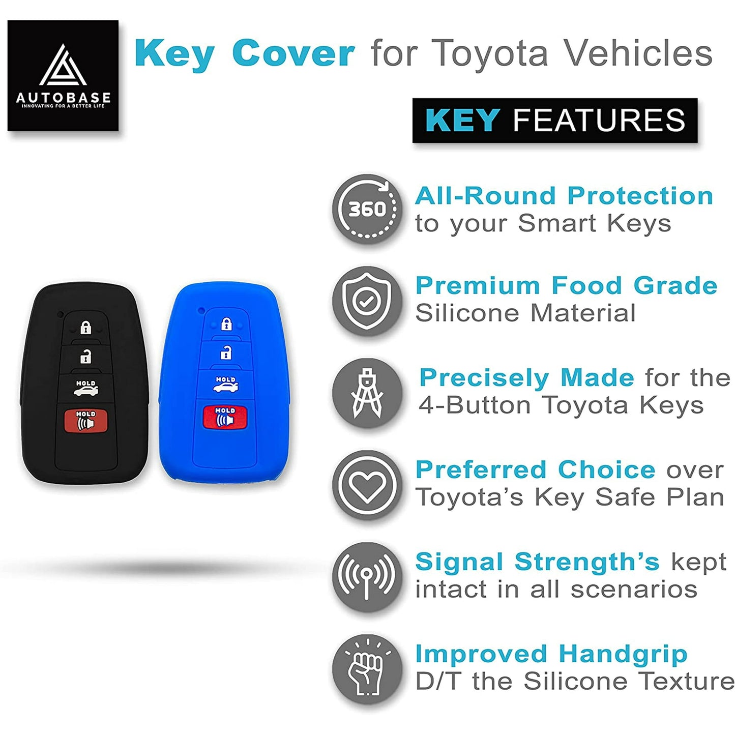 Autobase Silicone Key Fob Cover for Toyota Camry RAV4 Highlander Avalon C-HR Prius Corolla GT86 Smart Key | Car Accessory | Key Protection Case 2 Pcs (Black and Blue)