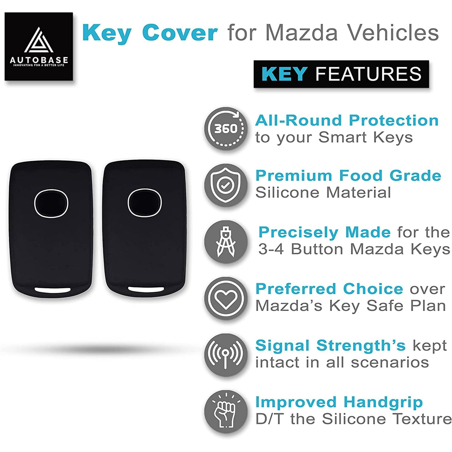 Autobase Remote Key Fob Silicone Case Cover for 2019 2020 2021 2022 Mazda 3 6 CX4 CX5 CX8 CX9 CX-30 Mazda 3 Hatchback | Car Key Protection Accessory (Black)