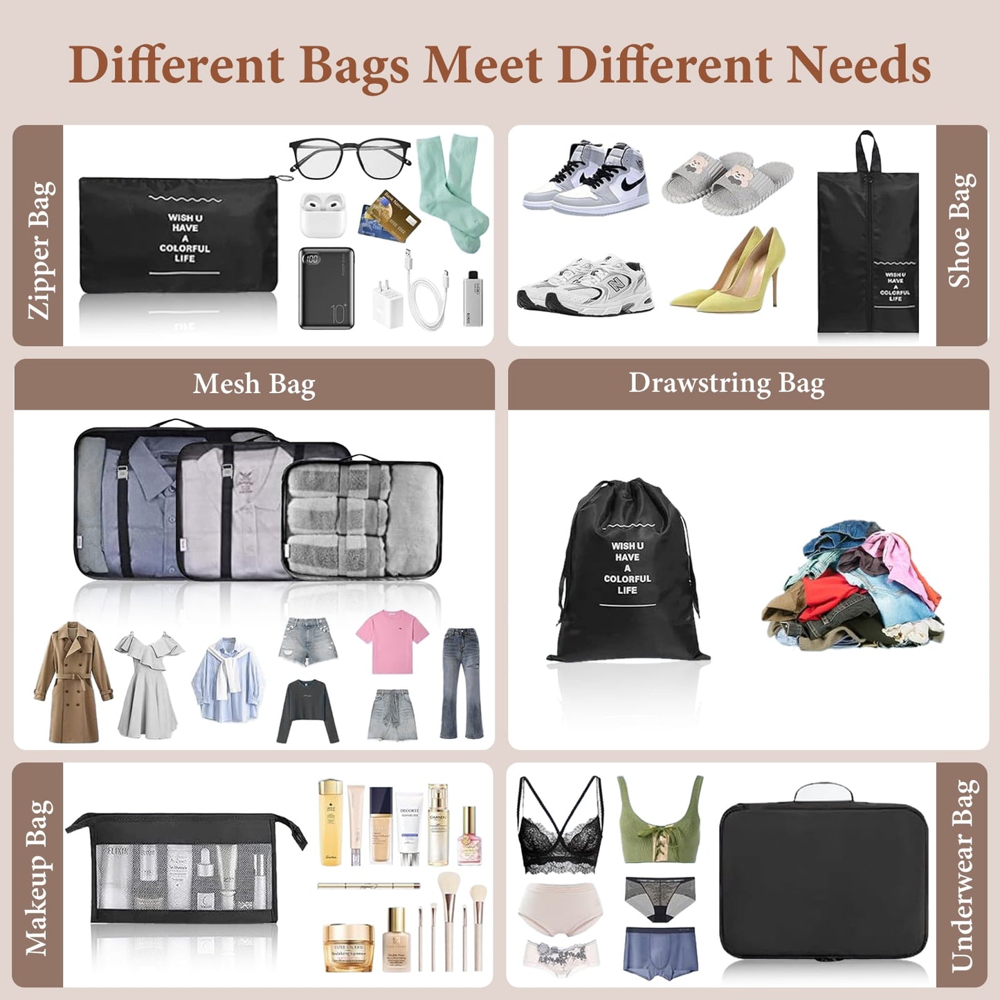 8PCS Packing Cubes for Travel, Luggage Organizer Bags for Family, Compression Pouches Clothes Suitcase, Storage Bags for Travel Accessories, Black