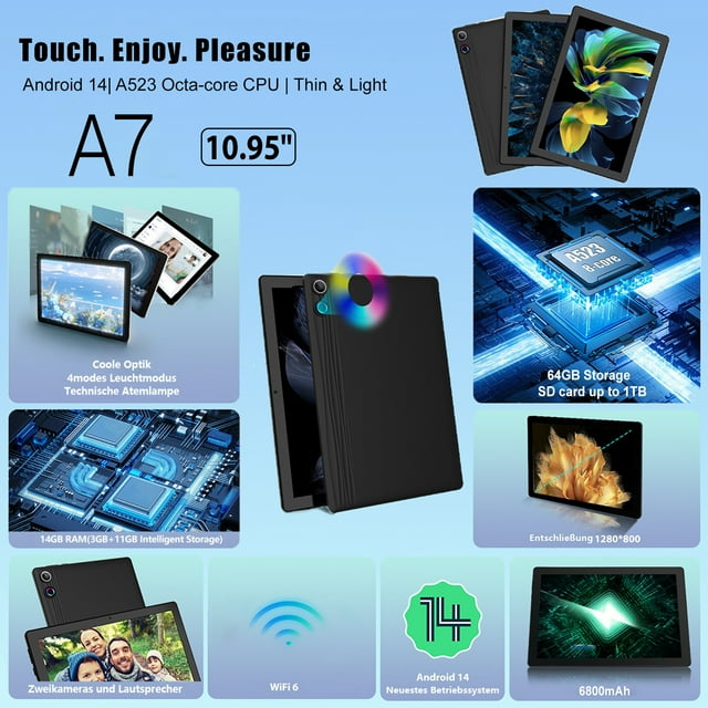 Bestski Android 14 11inch Tablet , Octa-Core Processor,16GB RAM + 128GB ROM,FHD IPS Display,Face Unlock 6800Amh,5+8 MP with Colorful Lights,Black