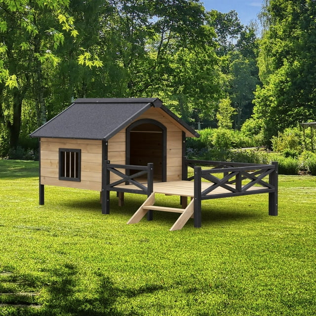 Pefilos 66" Outdoor Dog House, Large Wooden Dog Kennel with Porch, Cabin House Style Pet Houses for Cats, Brown