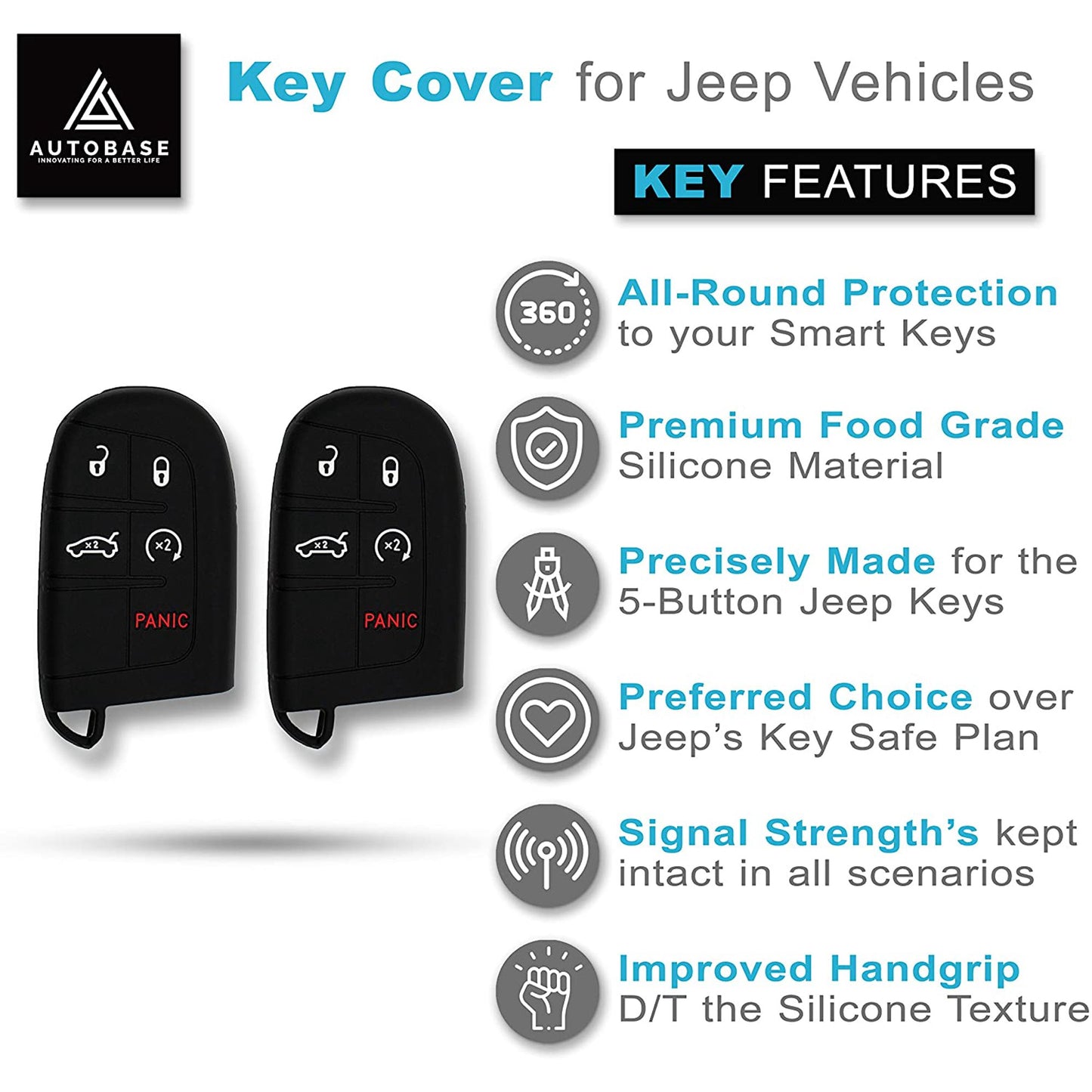 Autobase Silicone Key Fob Cover for Jeep Grand Cherokee Renegade Compass Dodge Challenger Charger Dart Durango Journey Chrysler 200 300 | Car Accessory | Key Protection Case (Black, 2 Pcs)