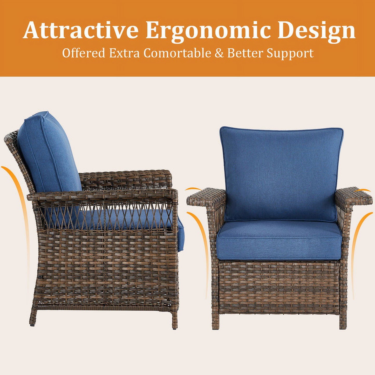 PARKWELL Outdoor Wicker Cushioned Lounge Chair Set of 2, Outdoor Seating Set for Backyard, Poolside, Balcony, Indoor Use w/Seagull-Shaped Armrests,Navy