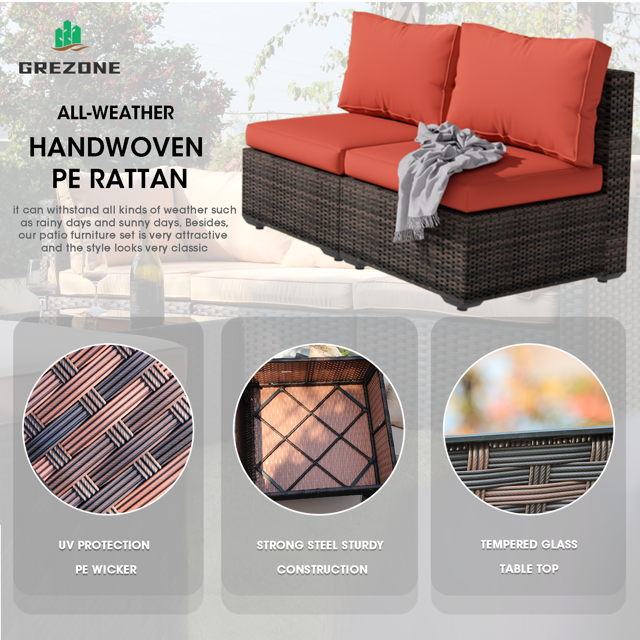 Grezone 5 PCS Outdoor Patio Furniture Set with Fire Pit Table, Wicker Patio Conversation Set, Red
