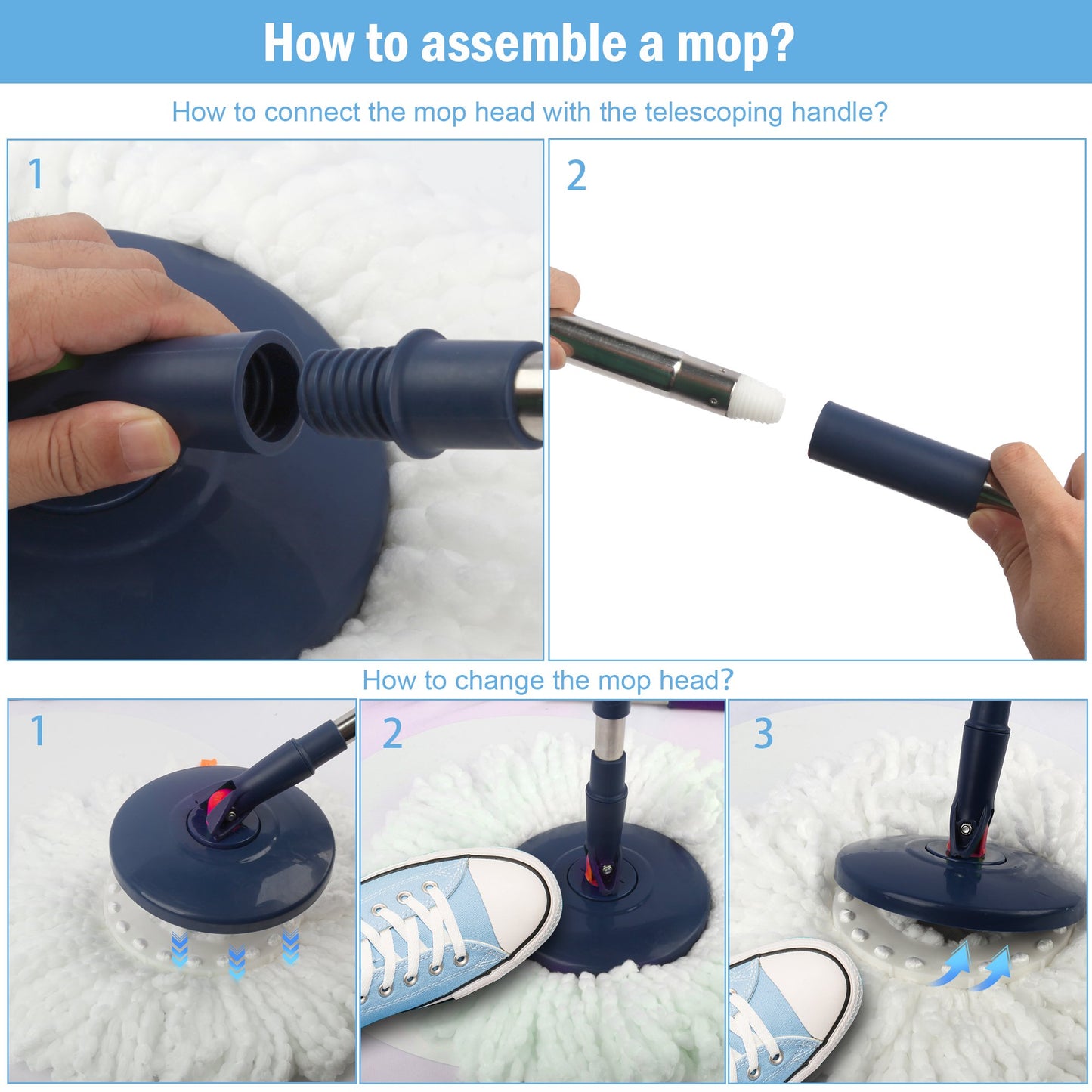 SUGARDAY Spin Mop and Bucket System with Wringer Set for Floors Cleaning