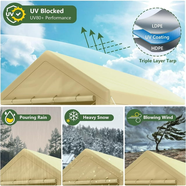 Grezjxc 10 x 20ft Steel Carport Heavy Duty Awning Car Canopy Tent with Side Walls for outdoor Truck Boat Car Port Party Storage(Beige)