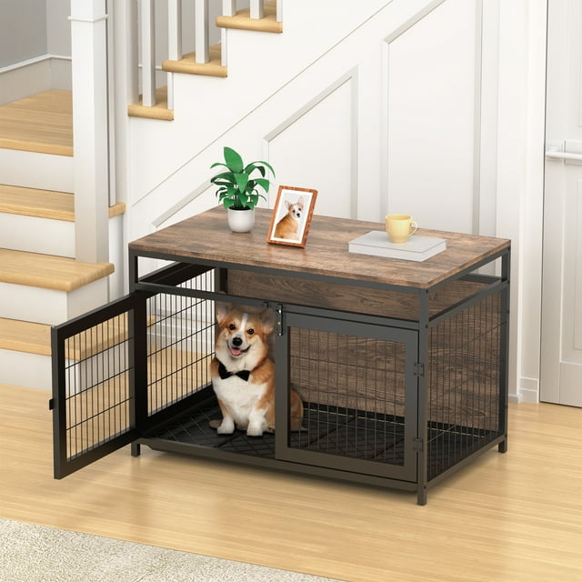 HIJOB Dog Crate Furniture, Three-Door Pet Kennel Indoor with Removable Tray, End Table for Home, Heavy Duty Wood Dog Crate House for S/M/L Size Dogs, 37.4" L, Rustic Brown