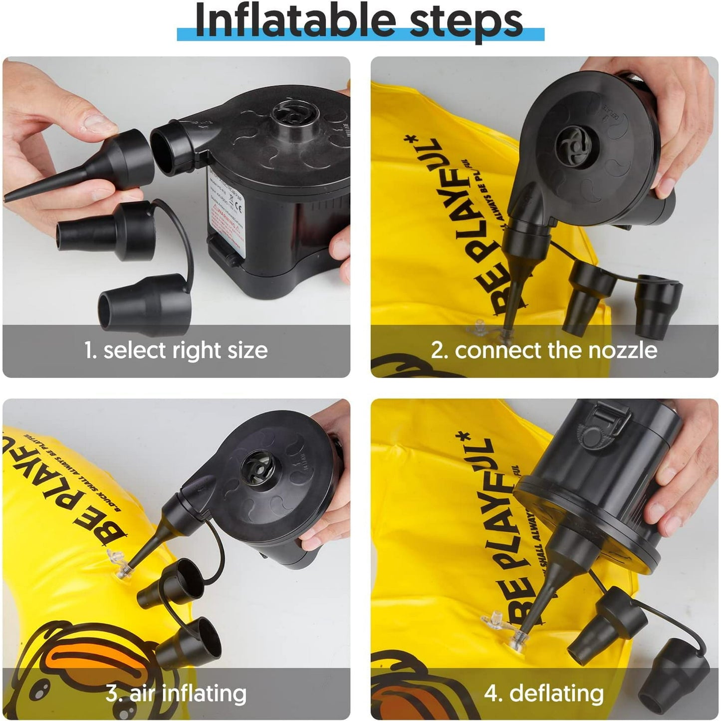 NIGHTEEN Electric Air Mattress Pump Battery Powered for Inflatables Toy Quick-Fill Inflator Deflator with 3 Nozzles