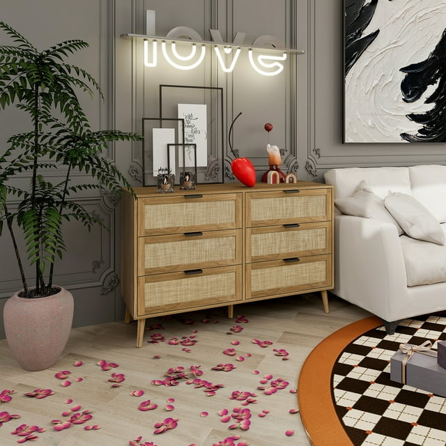 Kadyn Chest of Drawers, Rattan Nursery Dresser for Bedroom, Sideboard Buffet Cabinet with 6 Drawer, Walnut