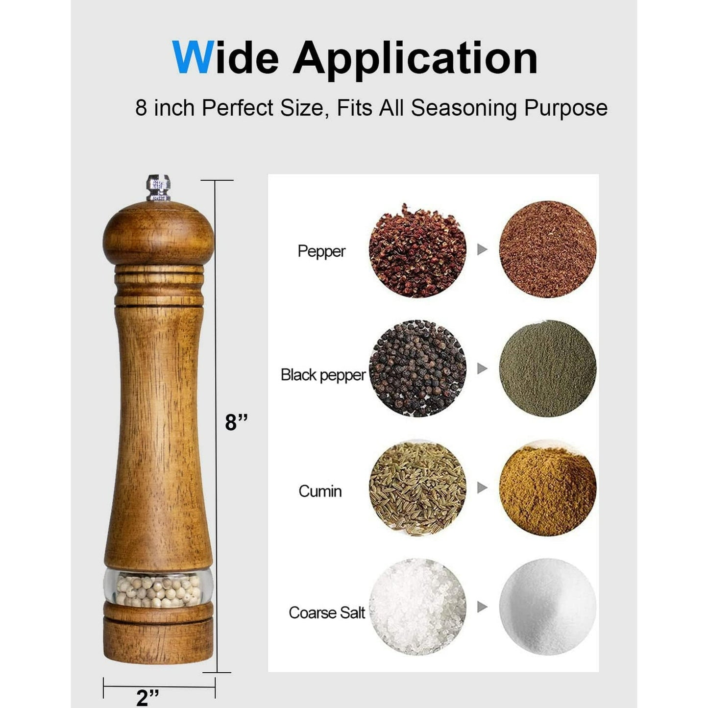 Tattom Pepper Grinder Salt Grinder Wooden Pepper Mill Grinder w/Adjustable Coarse, 8 inch Tall Wood Refillable Manual Pepper Grinder Mill Peppermill for Black Peppercorn, Easy Clean w/Cleaning Brush