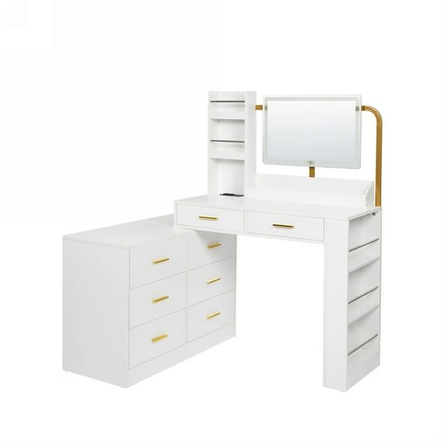 Hommoo Modern White 8-Drawer Dresser Makeup Vanity with Mirror and Lights, Makeup Table Vanity Desk with Usb Power Outlet, White